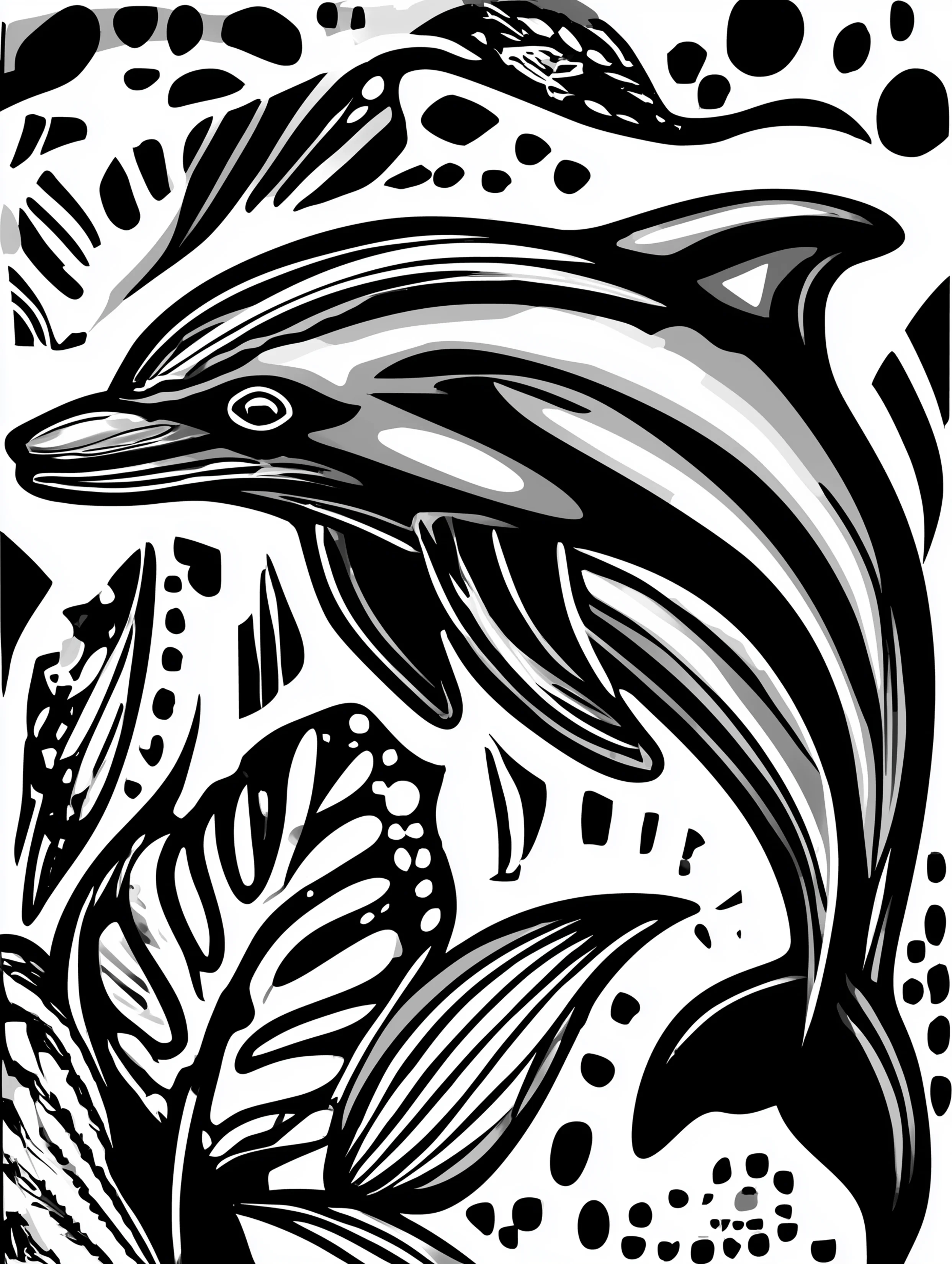 Free printable underwater coloring page for adults featuring a dolphin looking left with aroid